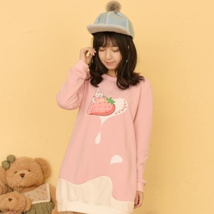 Cute Strawberry Milk Printing Long Sleeve Sweater
