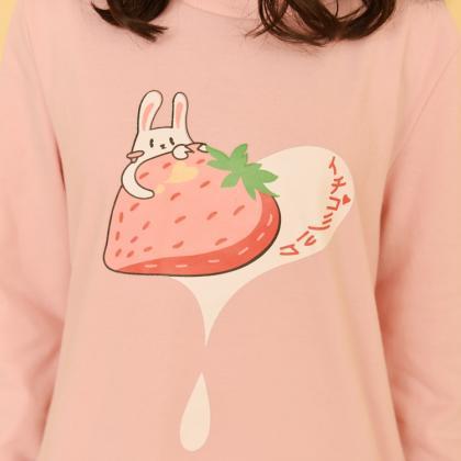 Cute Strawberry Milk Printing Long Sleeve Sweater