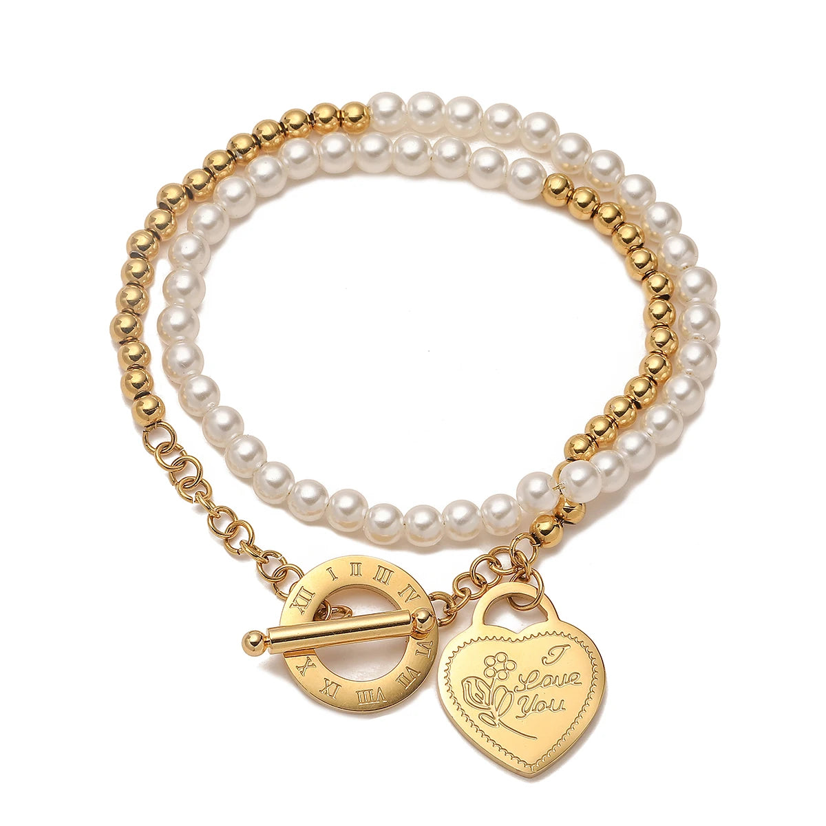 Gold Heart Charm Roman Numeral Bracelet