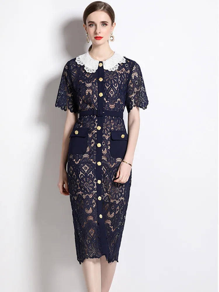 Vintage Lace Dress With White Collar Buttons