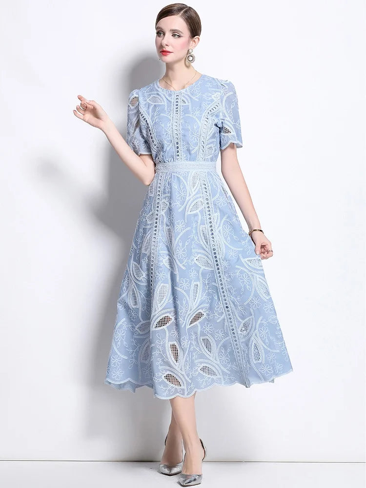 Floral Embroidered Light Blue Midi Dress