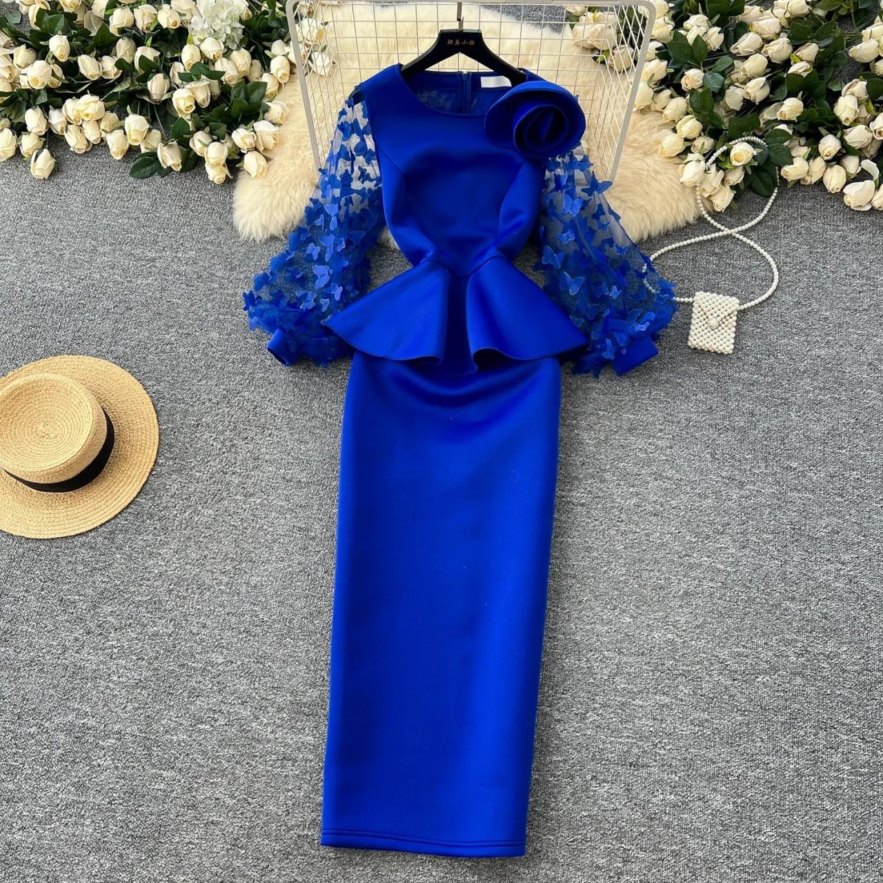 Royal Blue Peplum Dress With Lace Sleeves