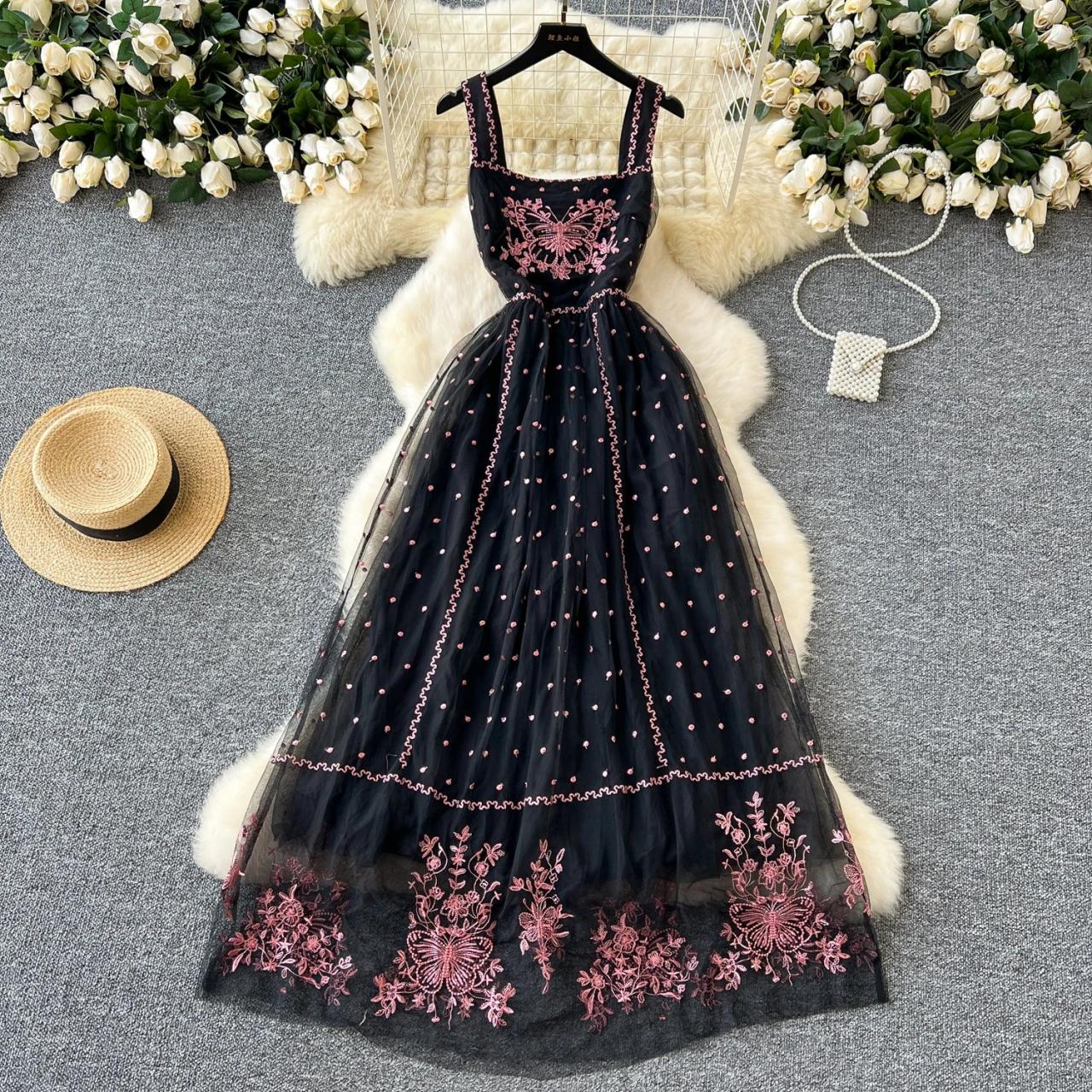 floral embroidered mesh maxi dress V-Neck Floral Embroidered Mesh Maxi Dress in Wine red M