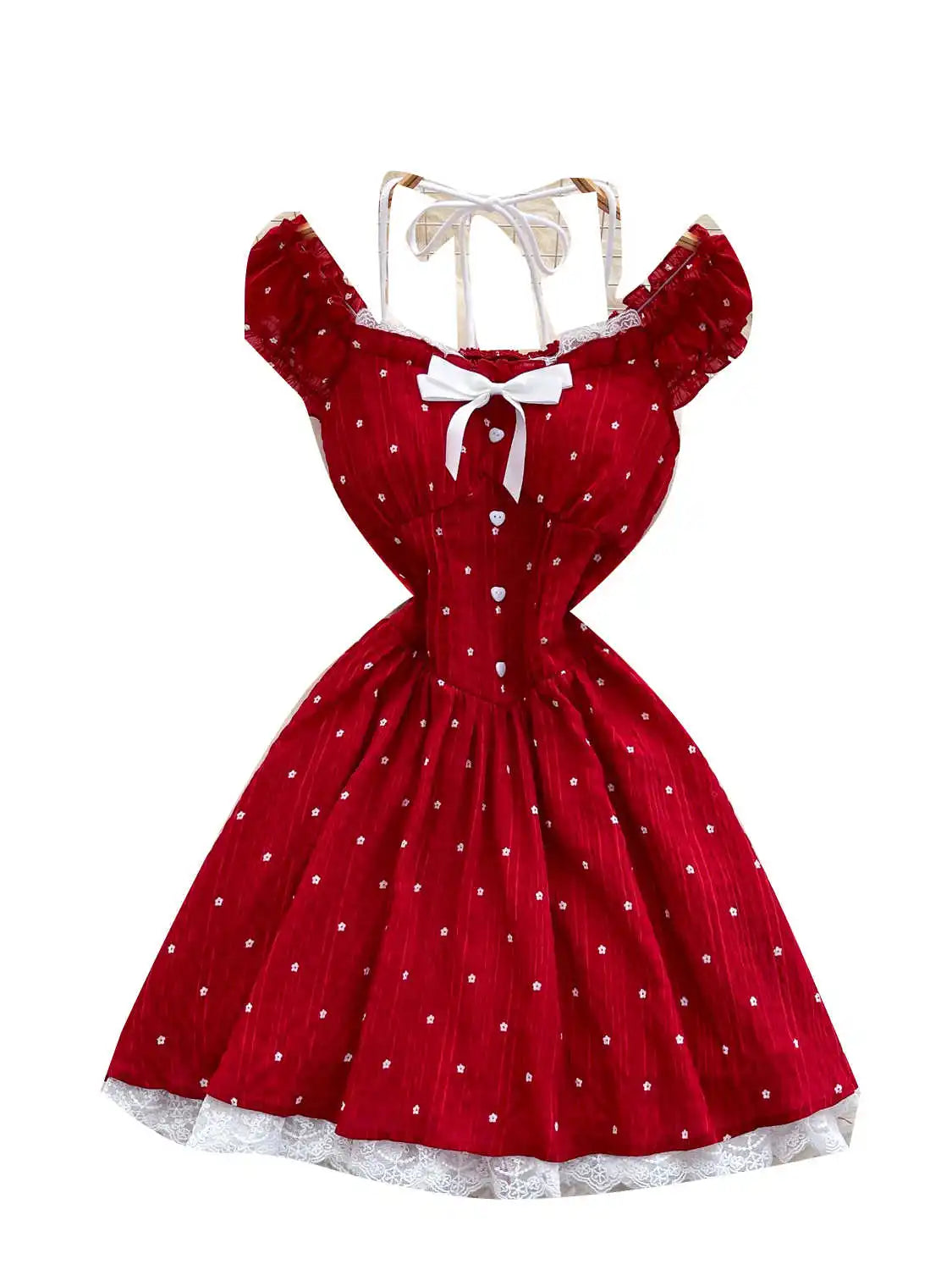 Polka Dot Red Dress With Lace Trim Bow