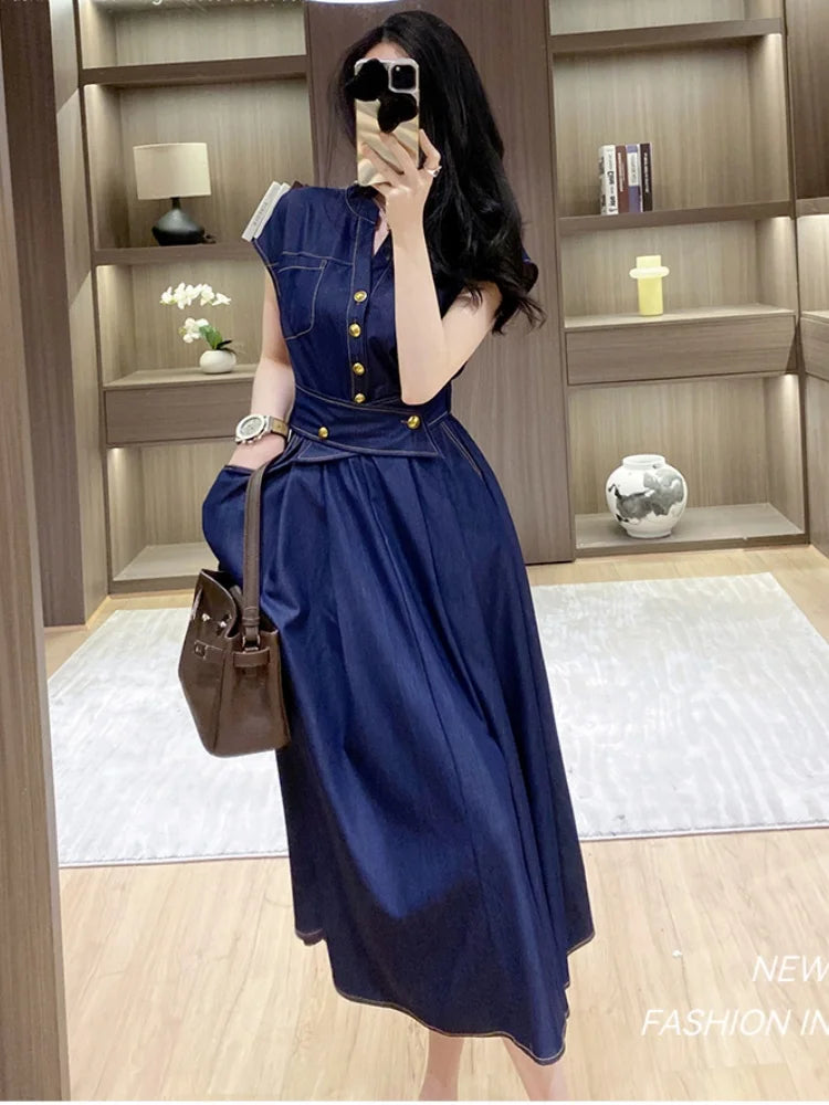 denim dress elegant Elegant Solid Color Sleeveless V Neck Denim Dress For Women In Polyester,  Perfect Casual Wear