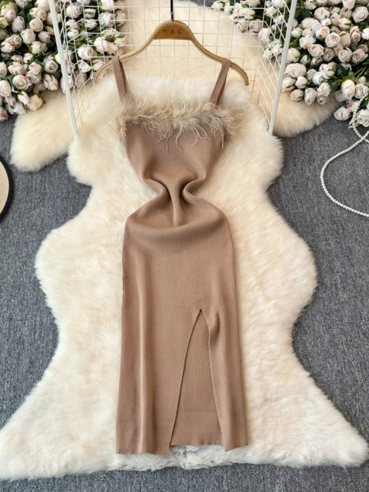 fur trim midi dress Emery Midi Dress | Black & White | Long sleeves