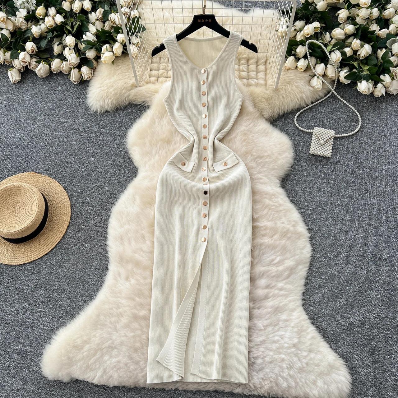 Sleeveless Button-front Beige Knit Midi Dress