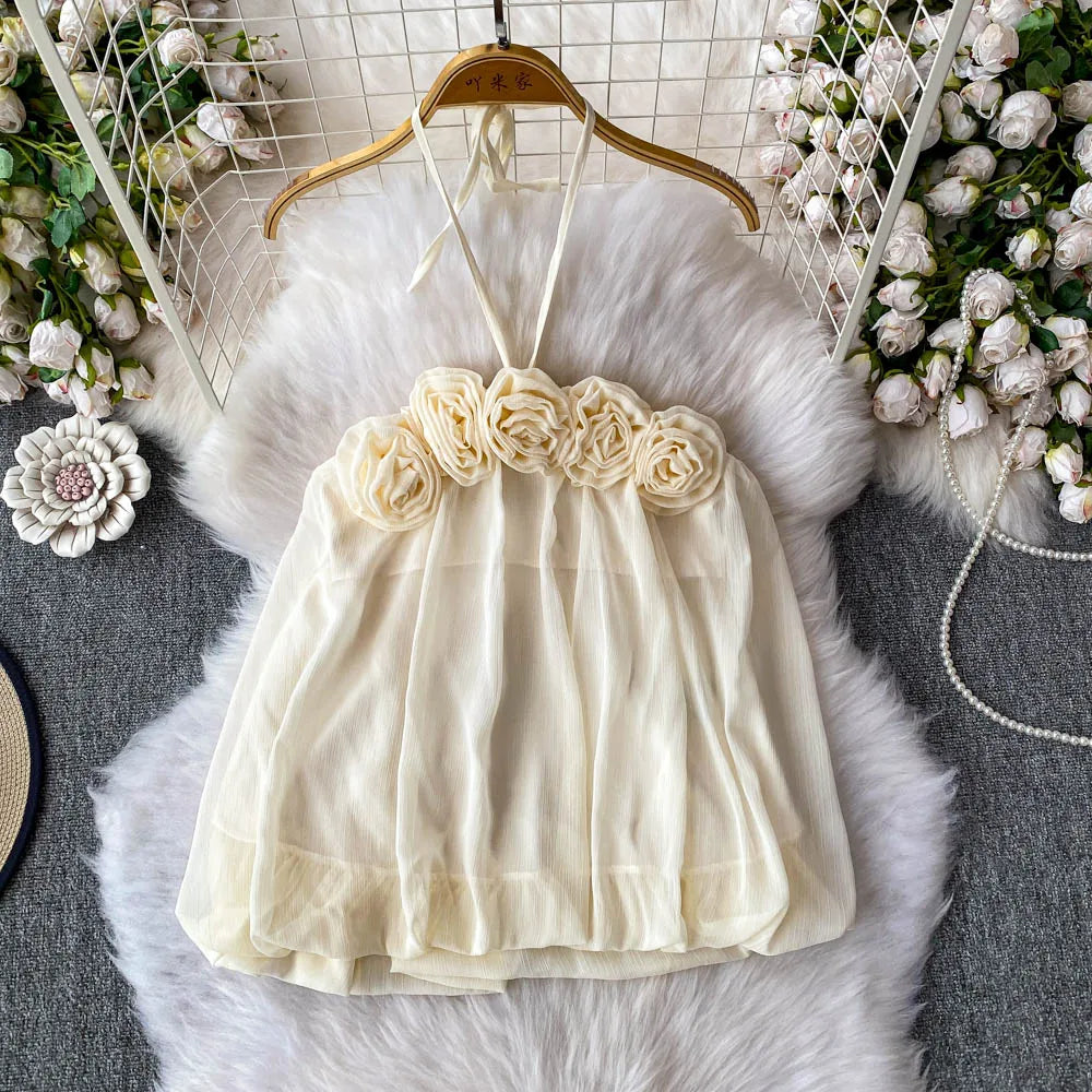 Floral Halter Neck Dress With Rosette Accents on Luulla