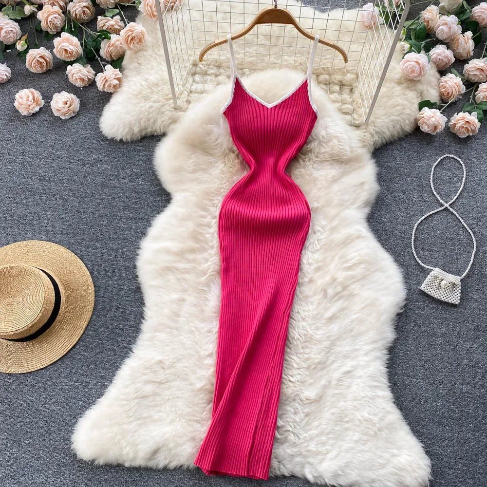Sleeveless Ribbed Fitted Pink Evening Maxi Dress on Luulla