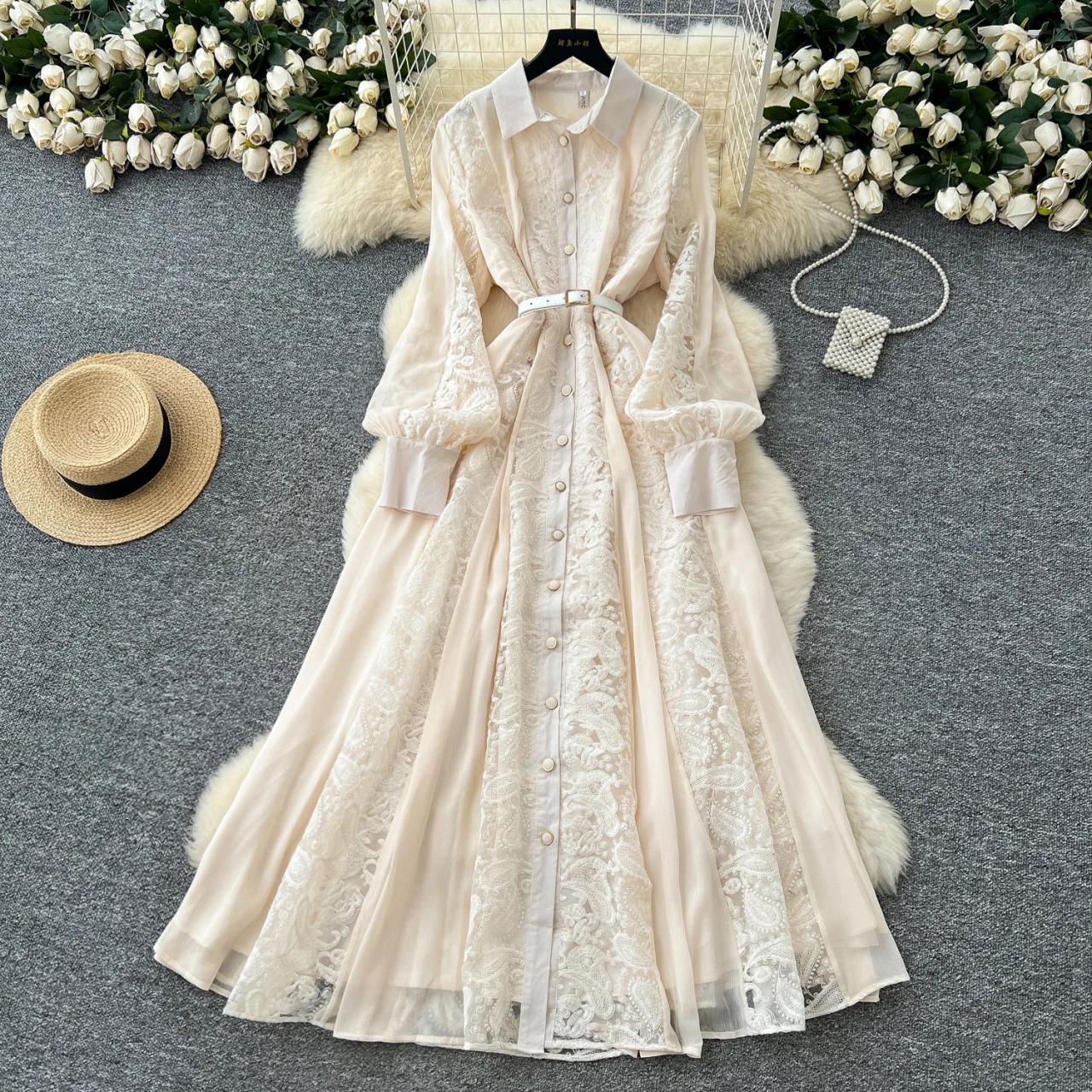 Lace Overlay Long Sleeve Belted Shirt Dress