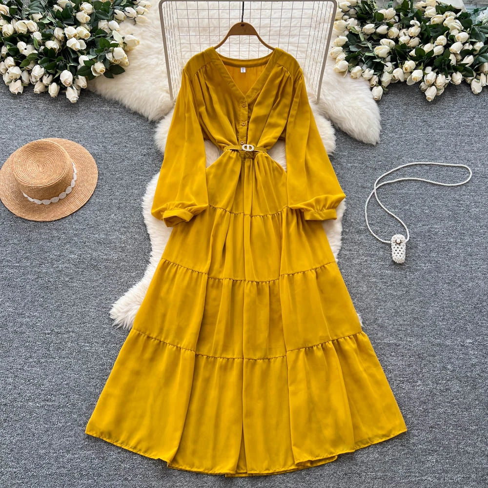 Mustard Long-Sleeve Belted Tiered Maxi Dress