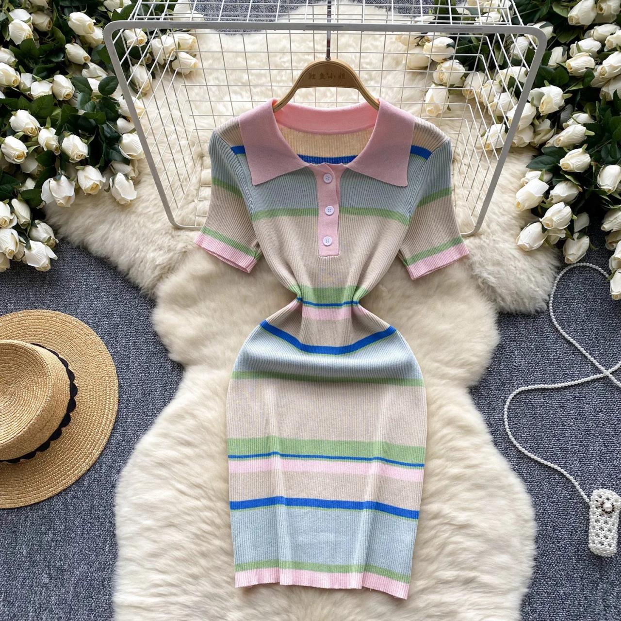 Pastel Striped Short Sleeve Knit Dress