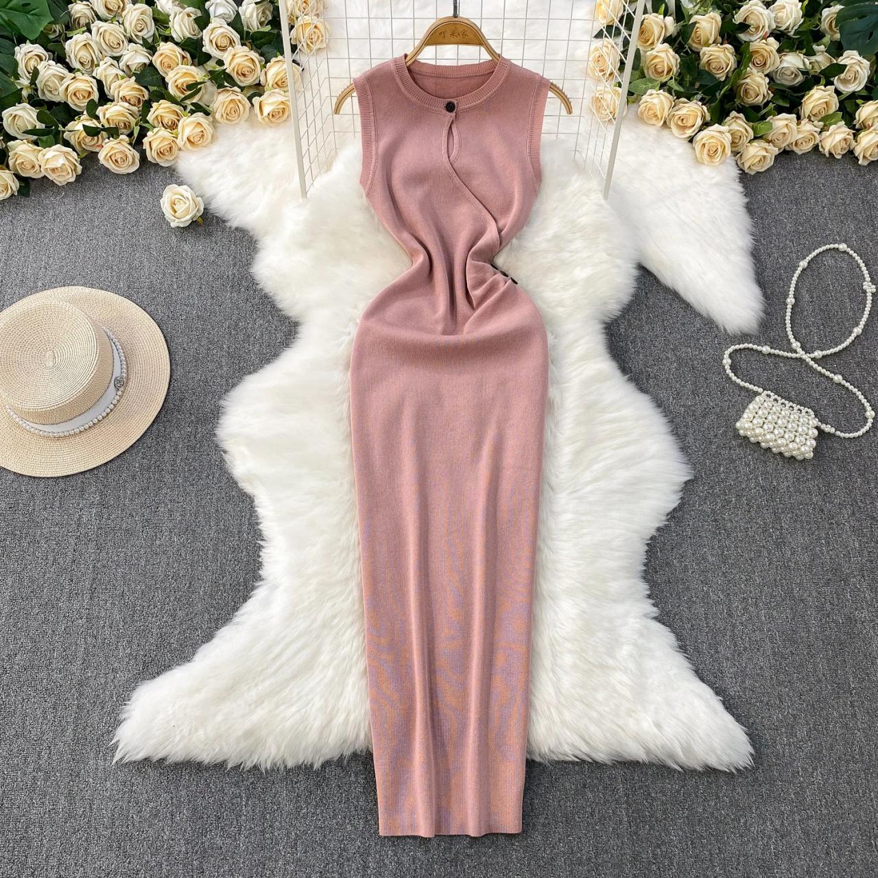 Sleeveless Pink Knit Dress With Accent Design