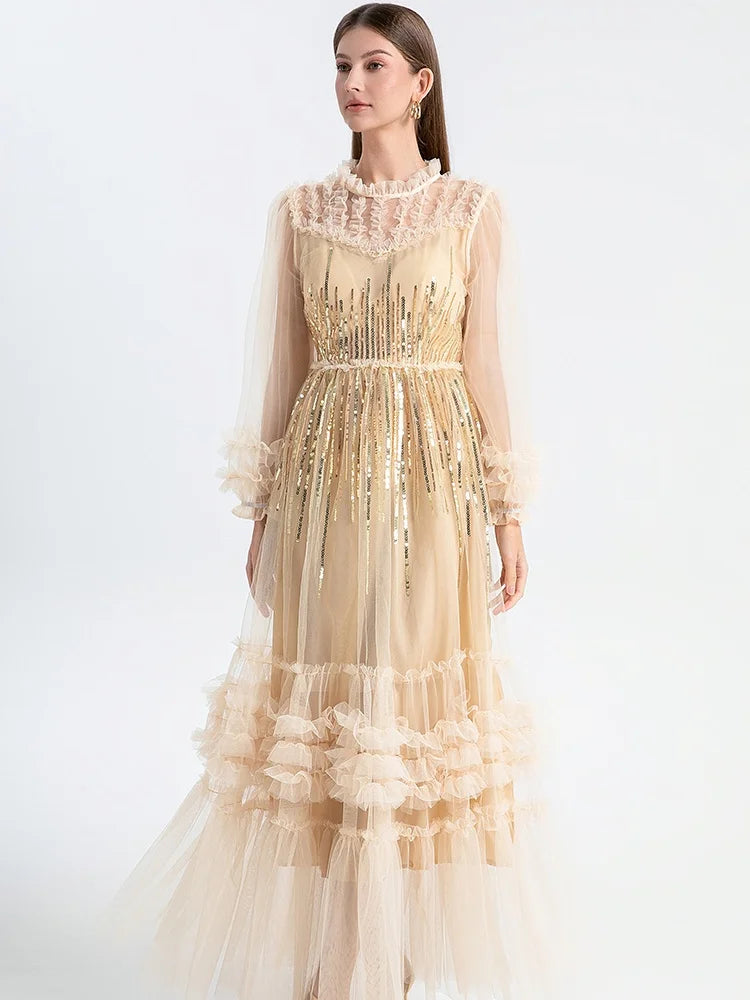 Shimmering Gold Long-Sleeve Tulle Maxi Dress