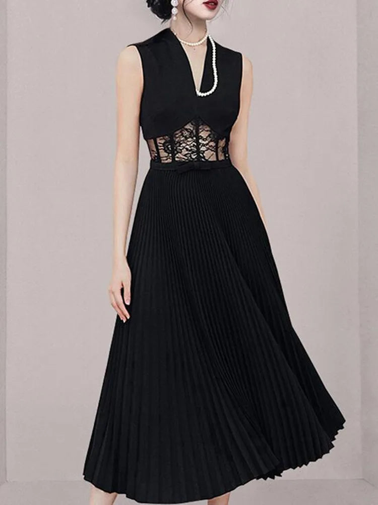 open lace back dress Vale Hanky Hem Chiffon Pleated Lace Midi Dress Black  Broadway in Stanley