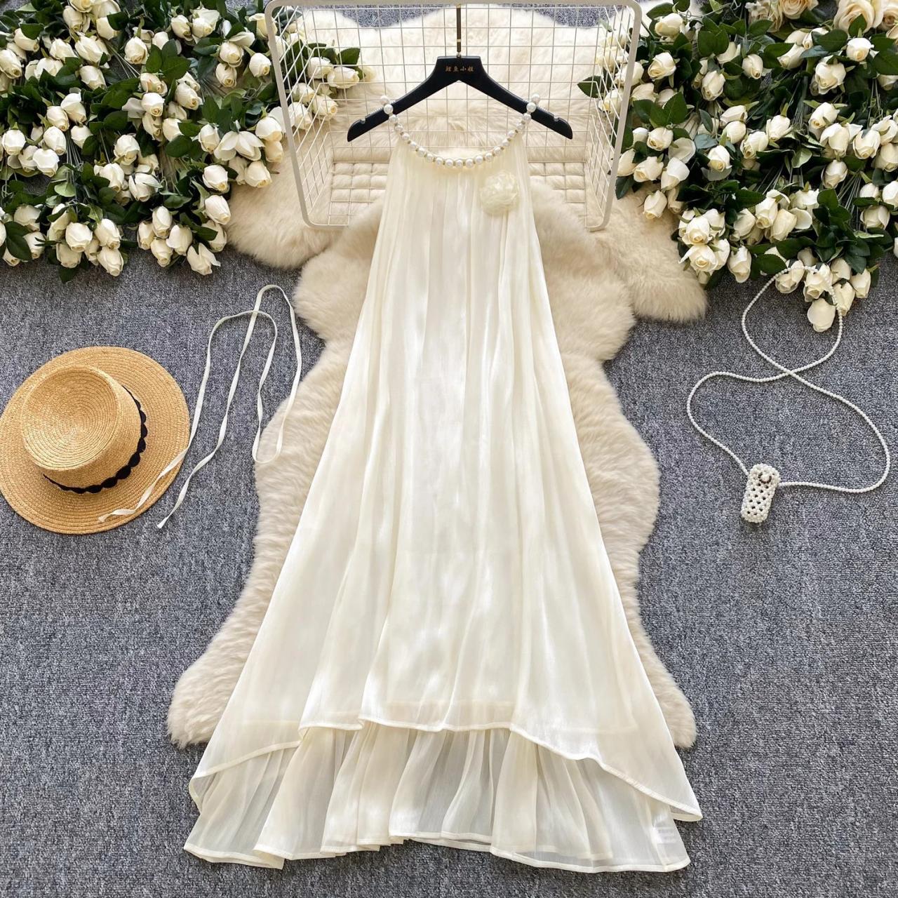 white sleeveless chiffon dress 2026 Ivory Wedding Dress A-line Sweep Train Chiffon Scoop