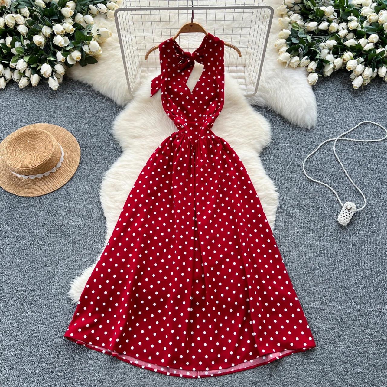 knee length dresses for ladies Annabelle Polka Dot Split Maxi Dress Small / Red main image 0