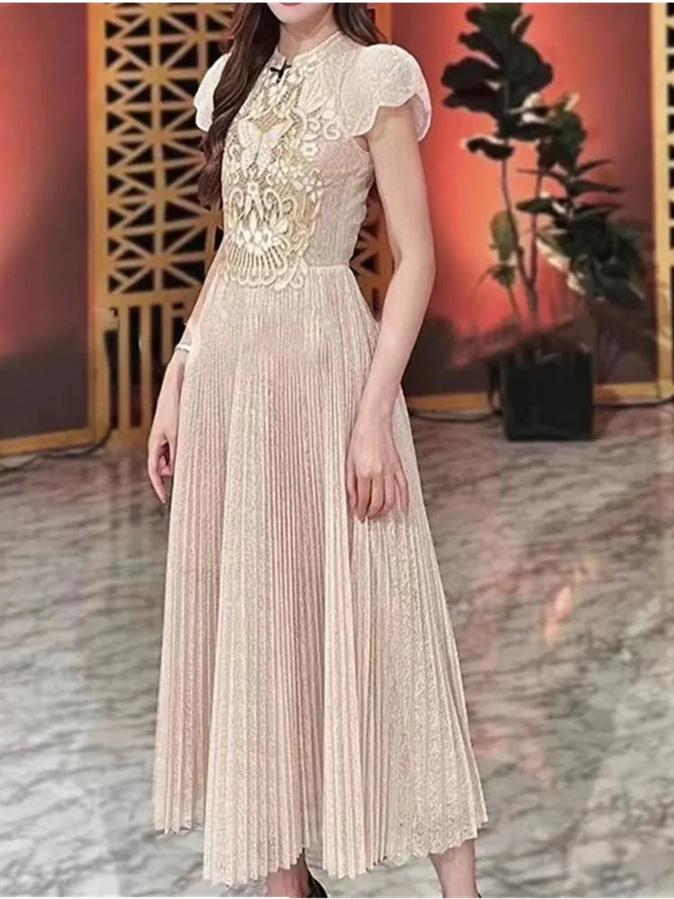Vintage Lace Flutter Sleeve Pleated Midi Dress