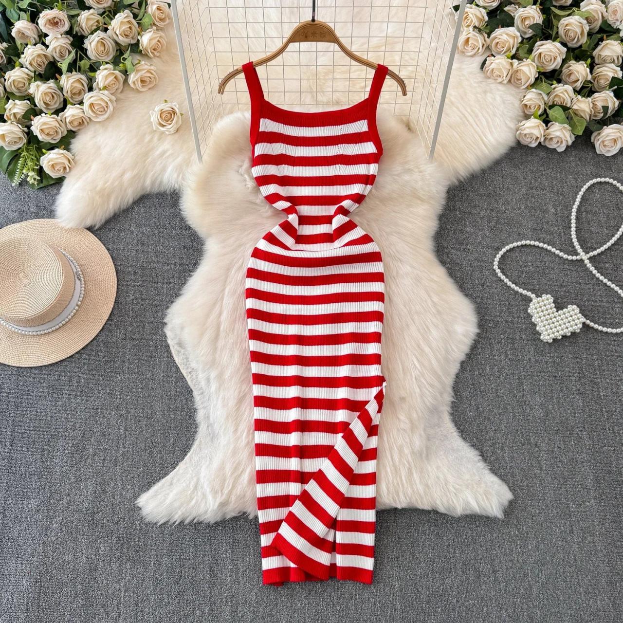 Striped Sleeveless Knit Dress Red White Trendy