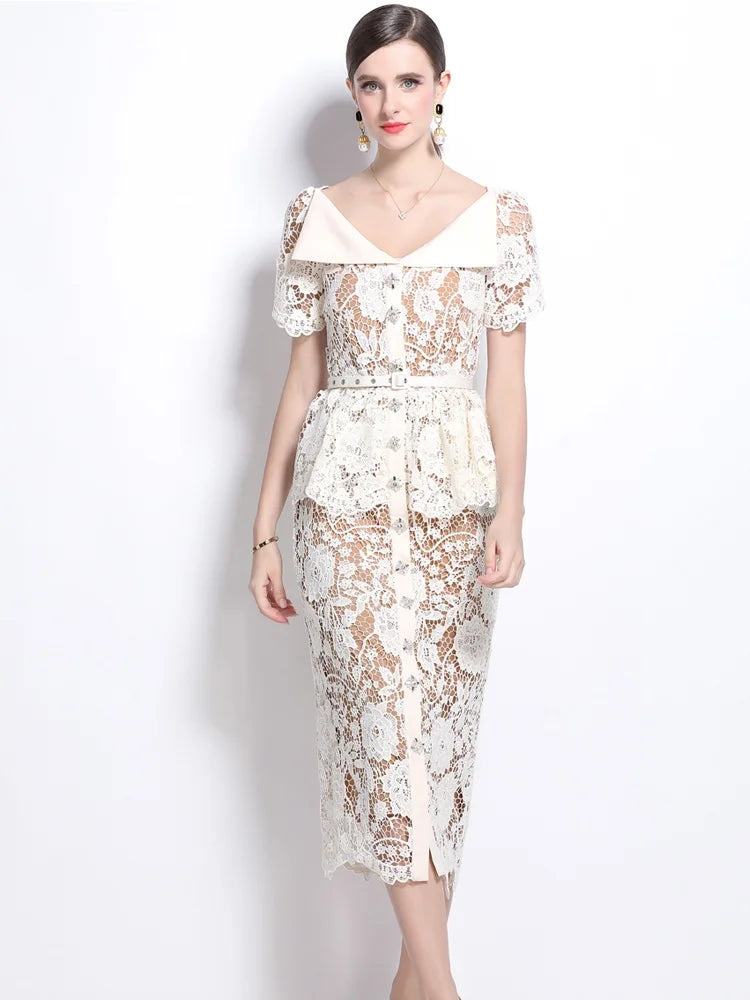 Lace Peplum Midi Dress With V-neck Design