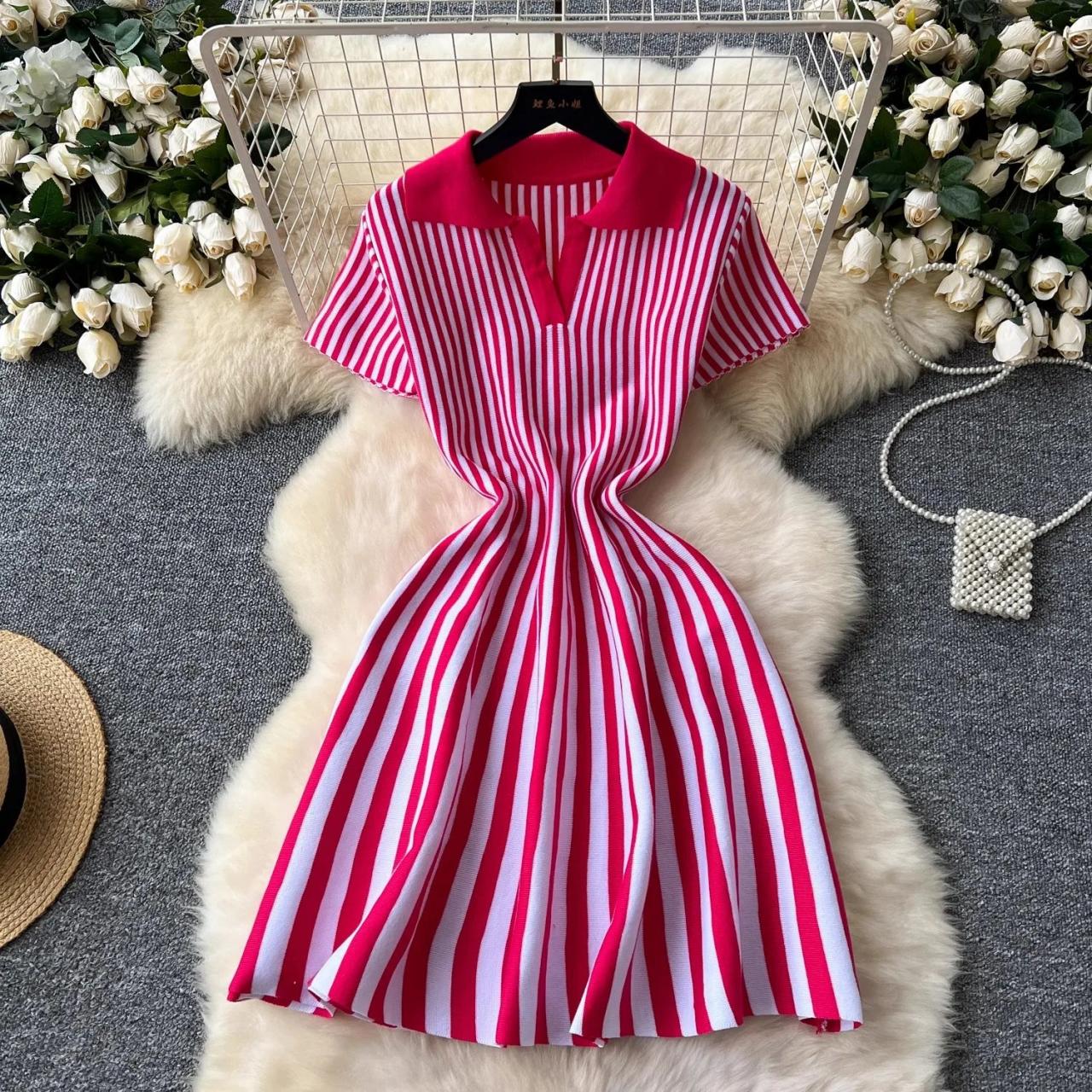 Red White Striped Knee-length Casual Dress