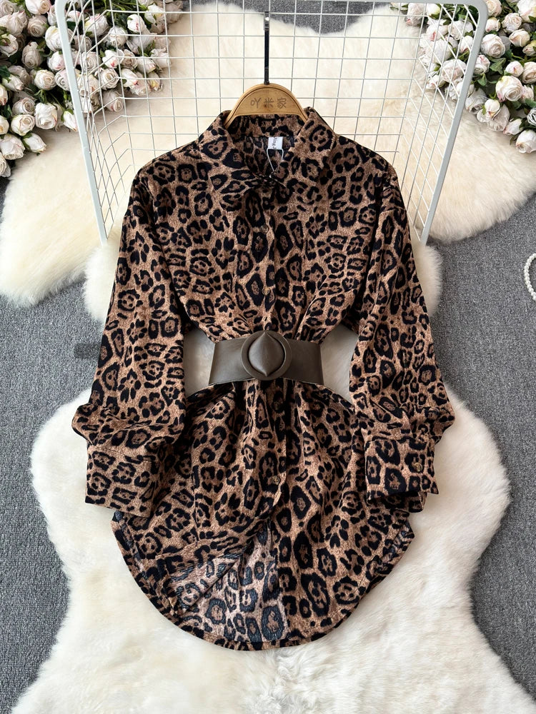 leopard print long sleeve shirt dress Leopard Print Belted Long Sleeve Shirt Dress