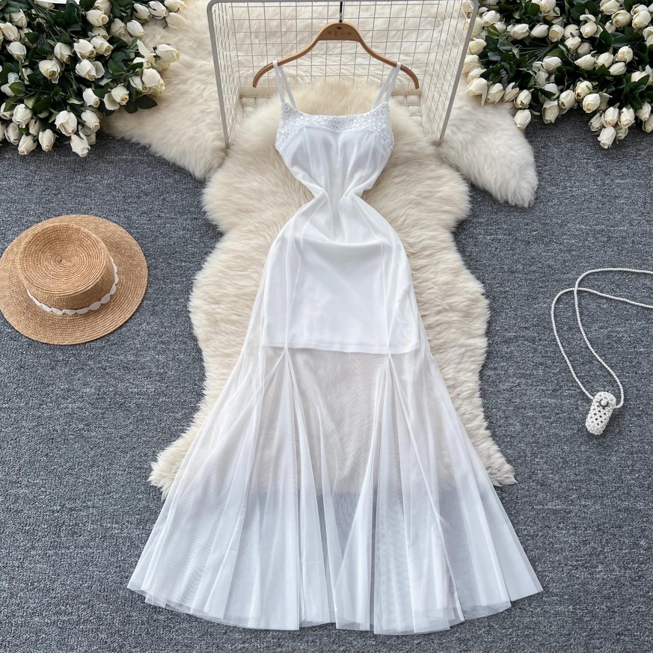Flowing White Sheer Mesh Spaghetti Strap Dress