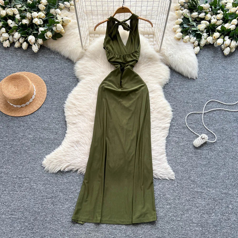 green maxi dress backless Scoop-Neck Lace-up Back Maxi Dress in Olive Green - 10 main image 1