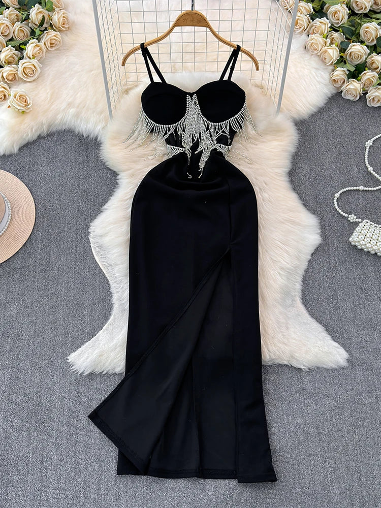Black Fringe Spaghetti Strap Dress with Slit