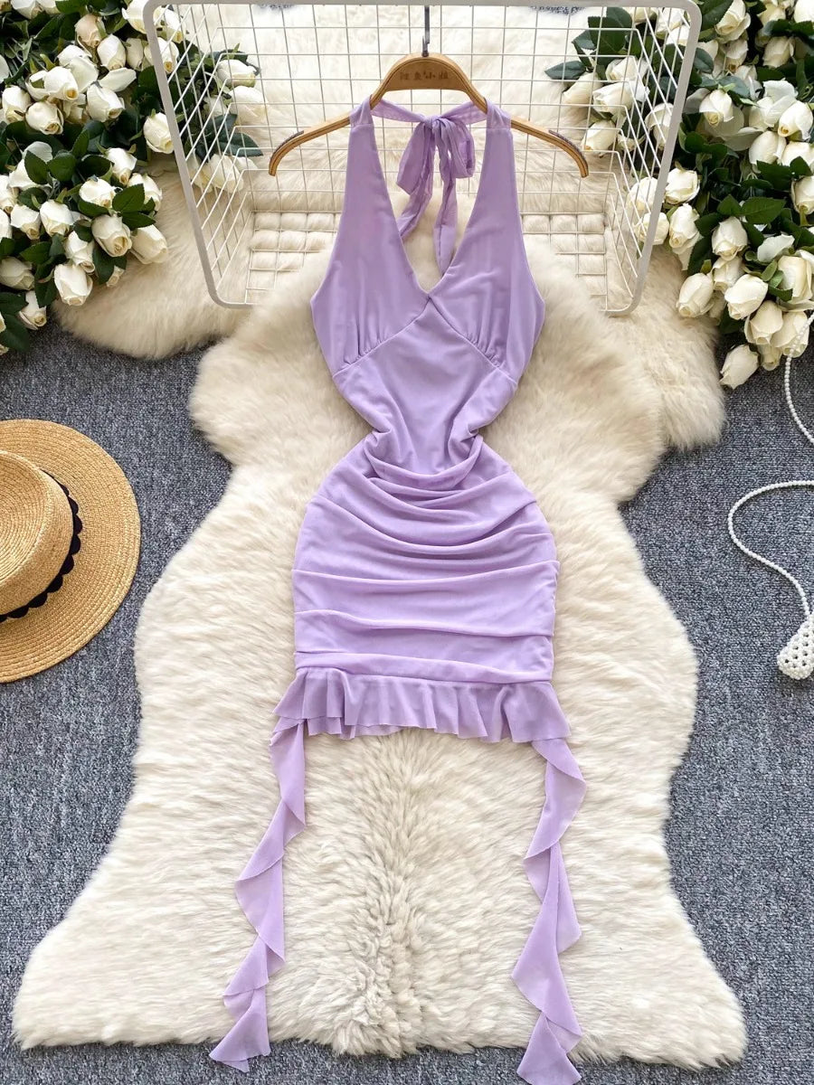 Lavender Ruffled Backless Halter Mini Dress