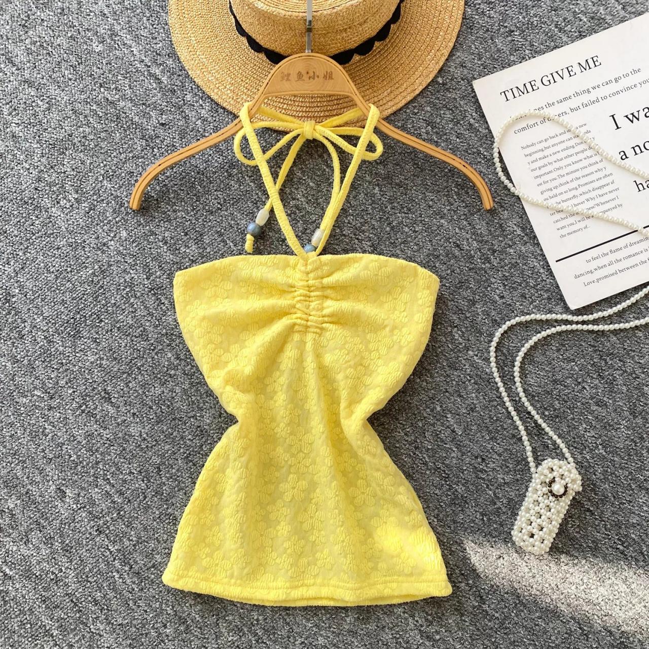 Yellow Halter Neck Textured Fitted Mini Dress