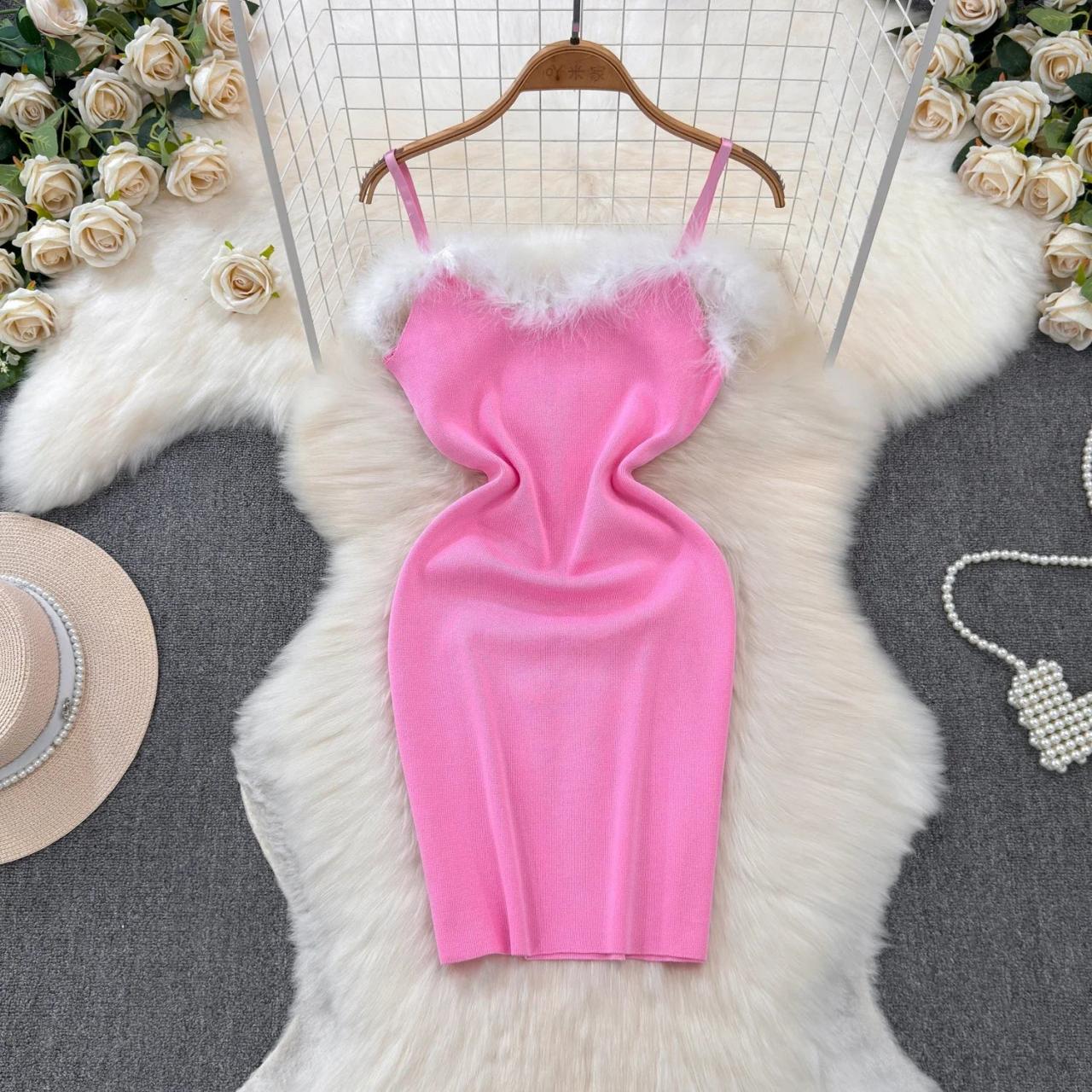 pink dress with fur at the bottom Pink Velvet Dress With Furry Trim Detail