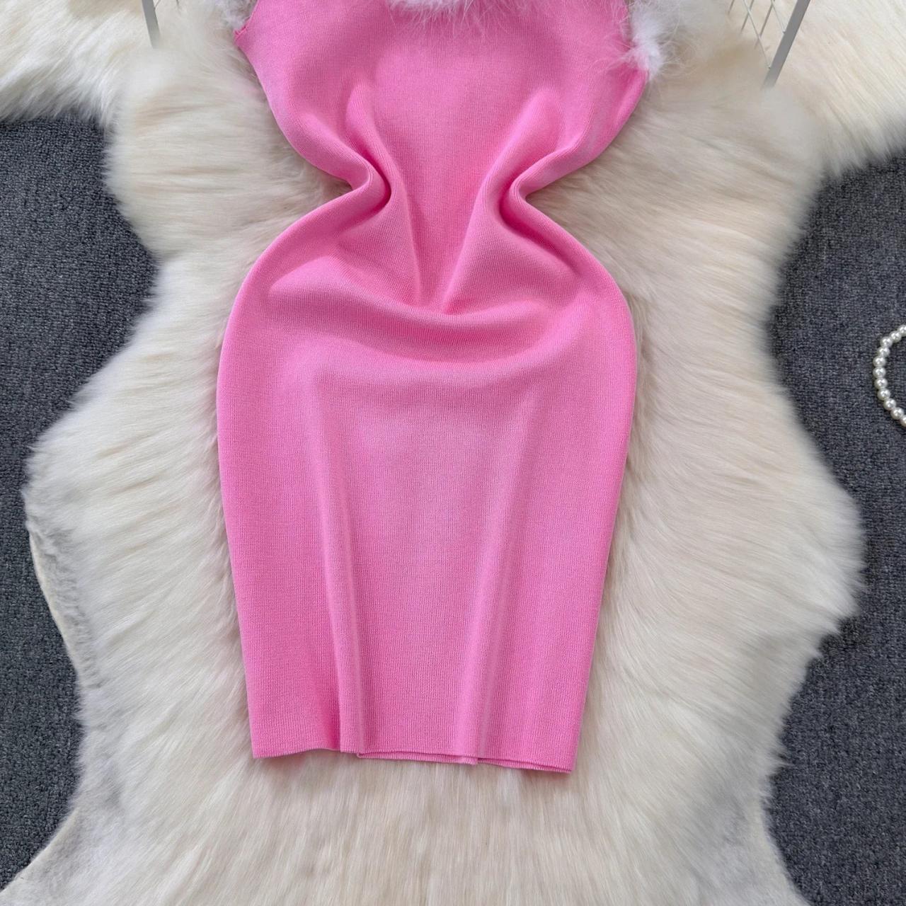 pink dress with fur at the bottom Pink Velvet Dress With Furry Trim Detail