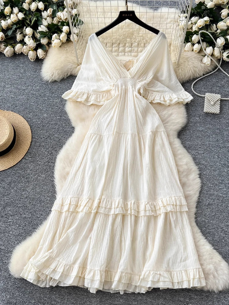 Flowy V-neck Maxi Dress With Ruffle Sleeves