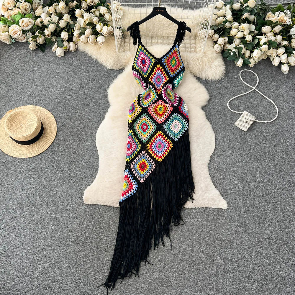 Colorful Crochet Dress With Fringe Accents