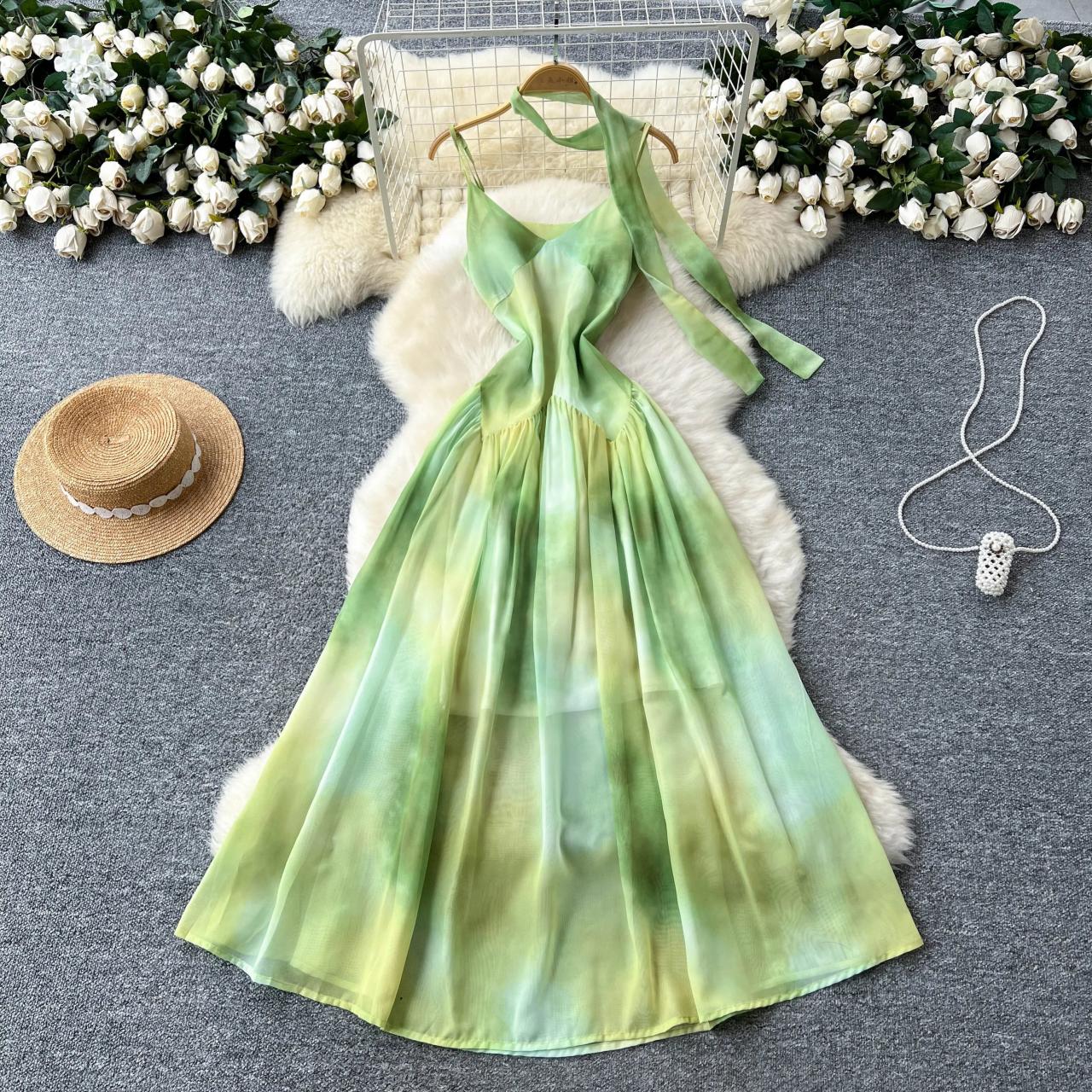 Sleeveless Pastel Green Tie-dye Summer Dress on Luulla