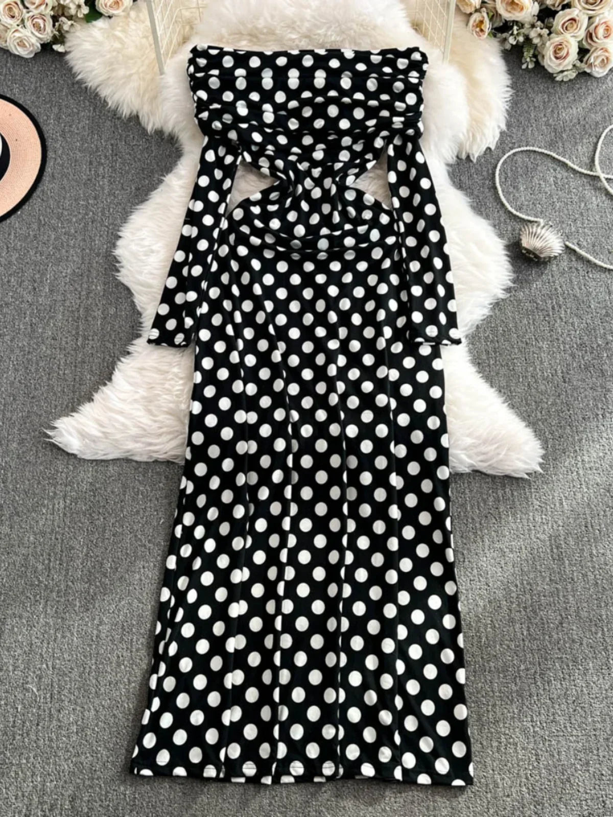 Strapless Black Dress With White Polka Dots