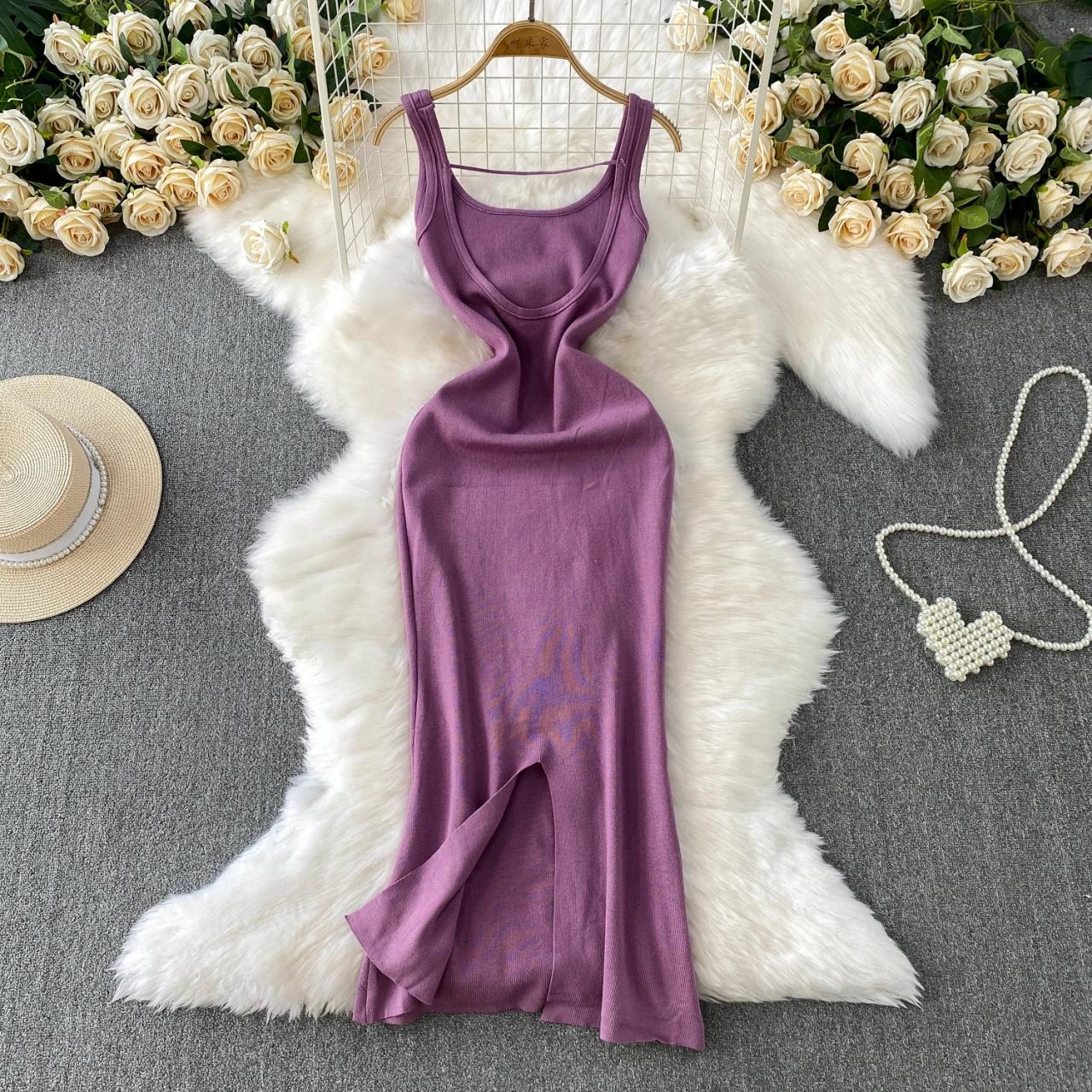 Sleeveless Purple Knit Maxi Dress With Stretch