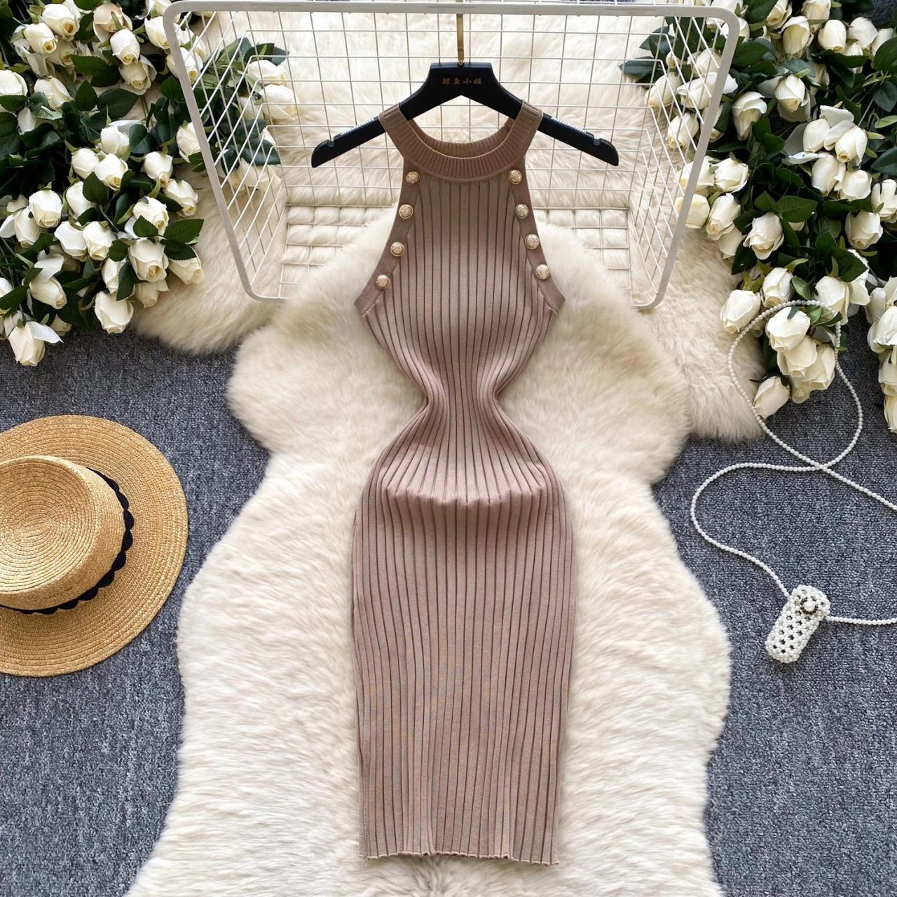 Sleeveless Ribbed Knit Bodycon Dress With Buttons