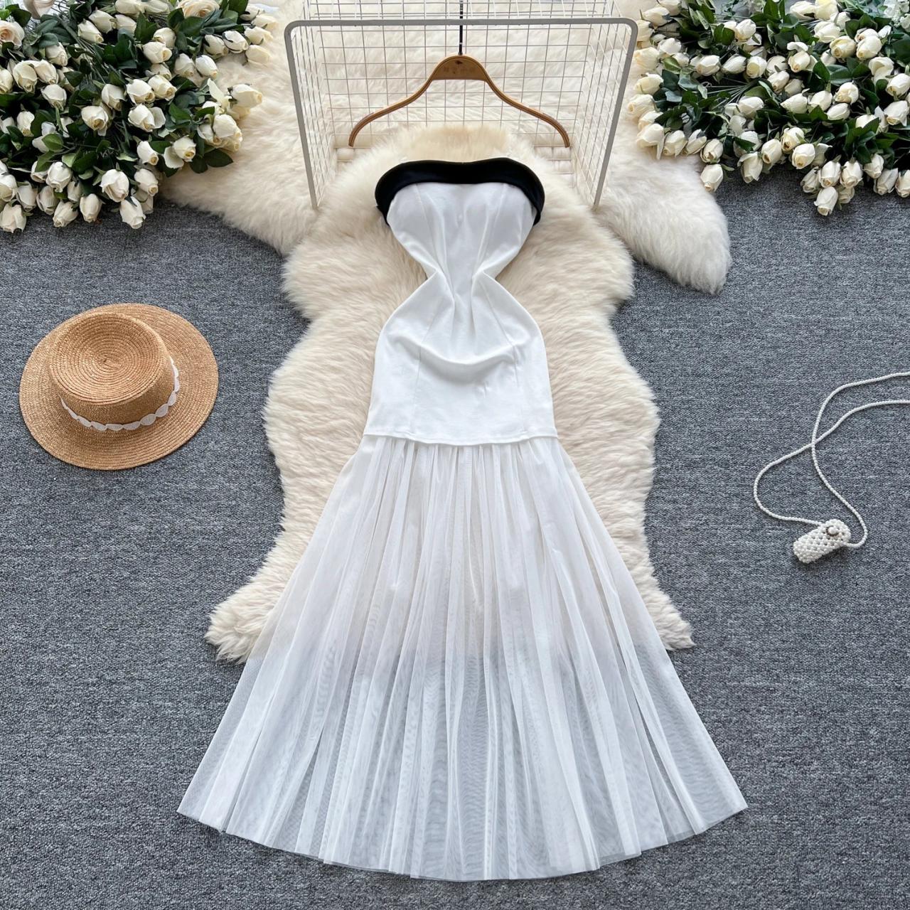 Strapless White Dress With Sheer Flared Skirt on Luulla