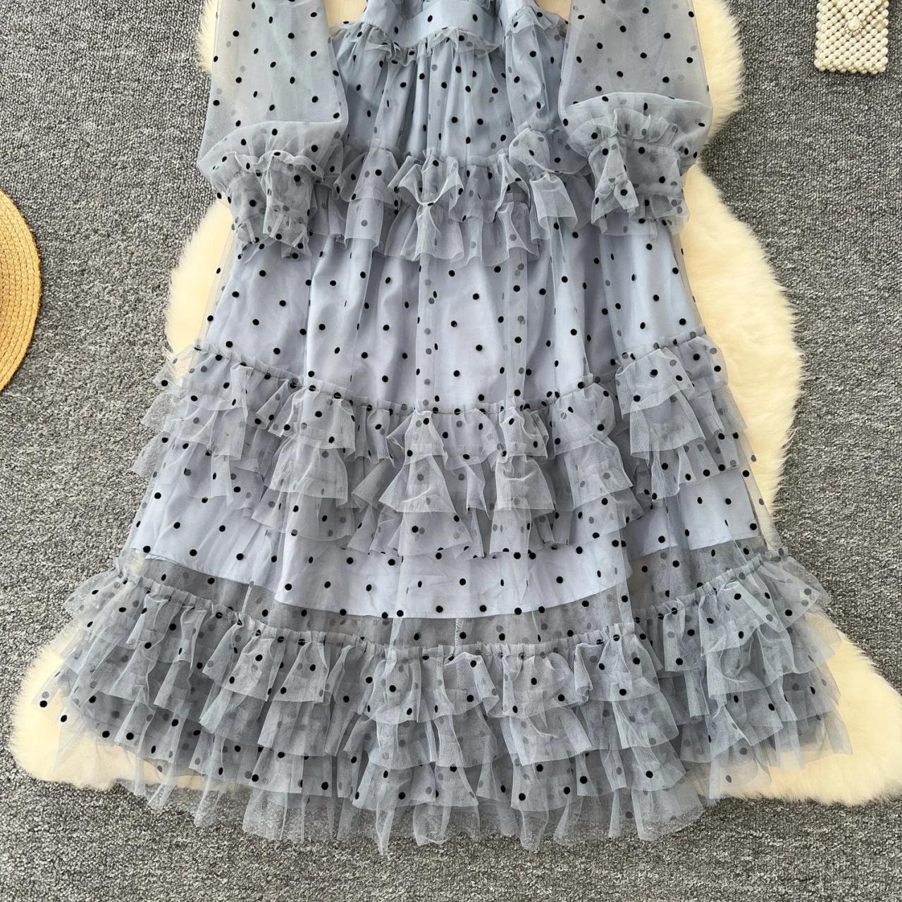 Blue Ruffle Polka Dot Long Sleeve Dress on Luulla