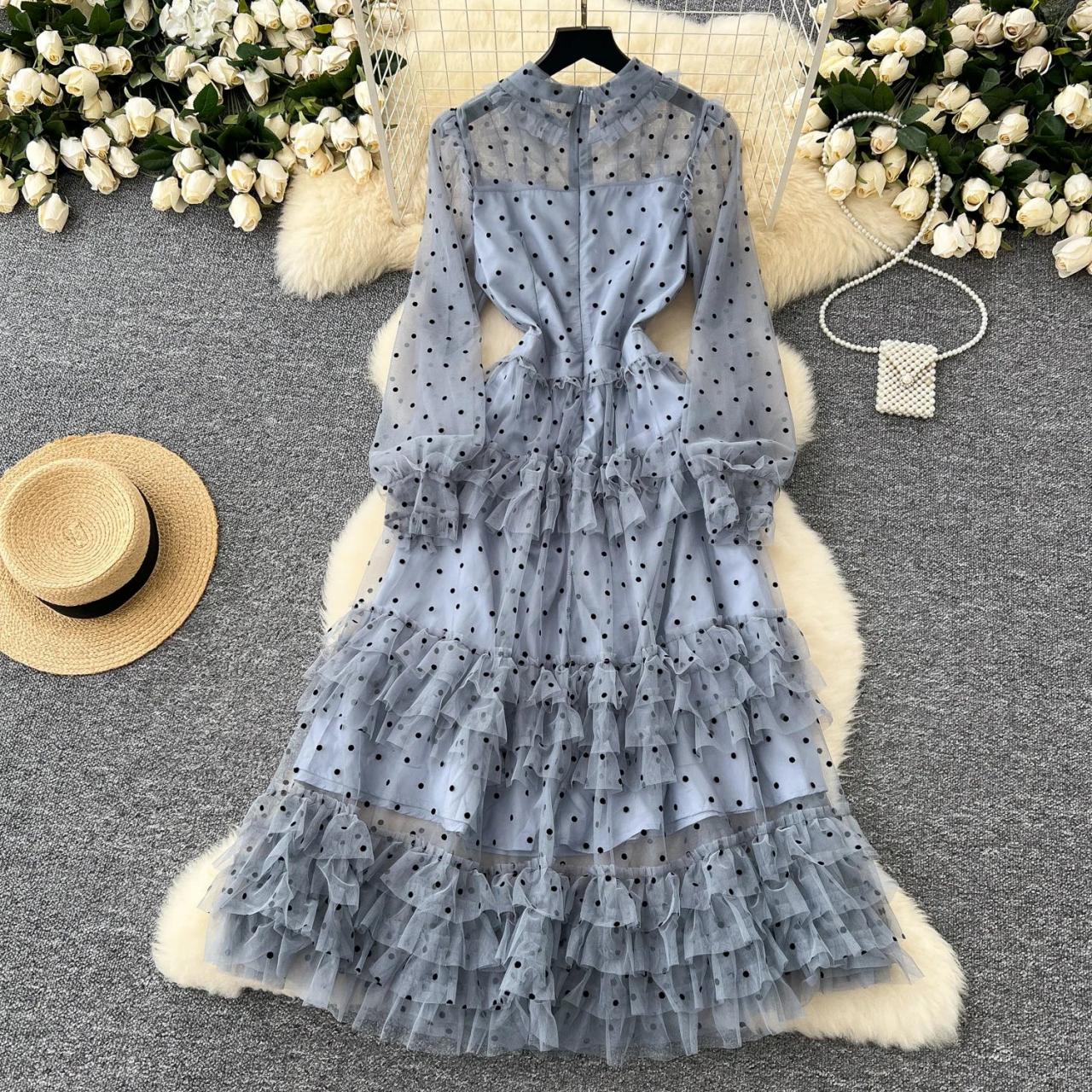 Blue Ruffle Polka Dot Long Sleeve Dress