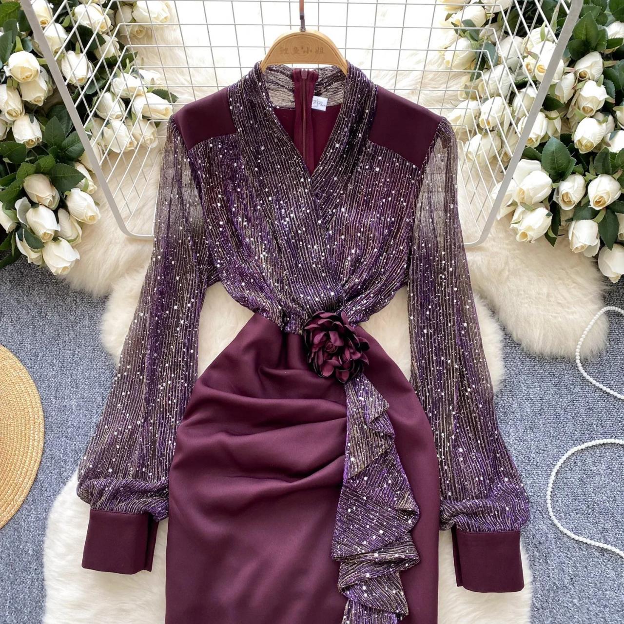 burgundy dress with sheer sleeves Elegant Wrap Midi Dress With Sheer Sleeves  VOS LEE