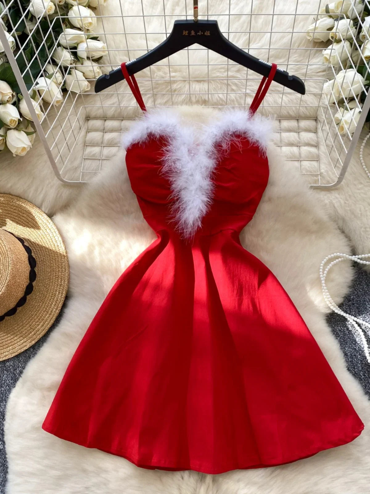 red dress with faux fur Festive Red Dress With Faux Fur Trim