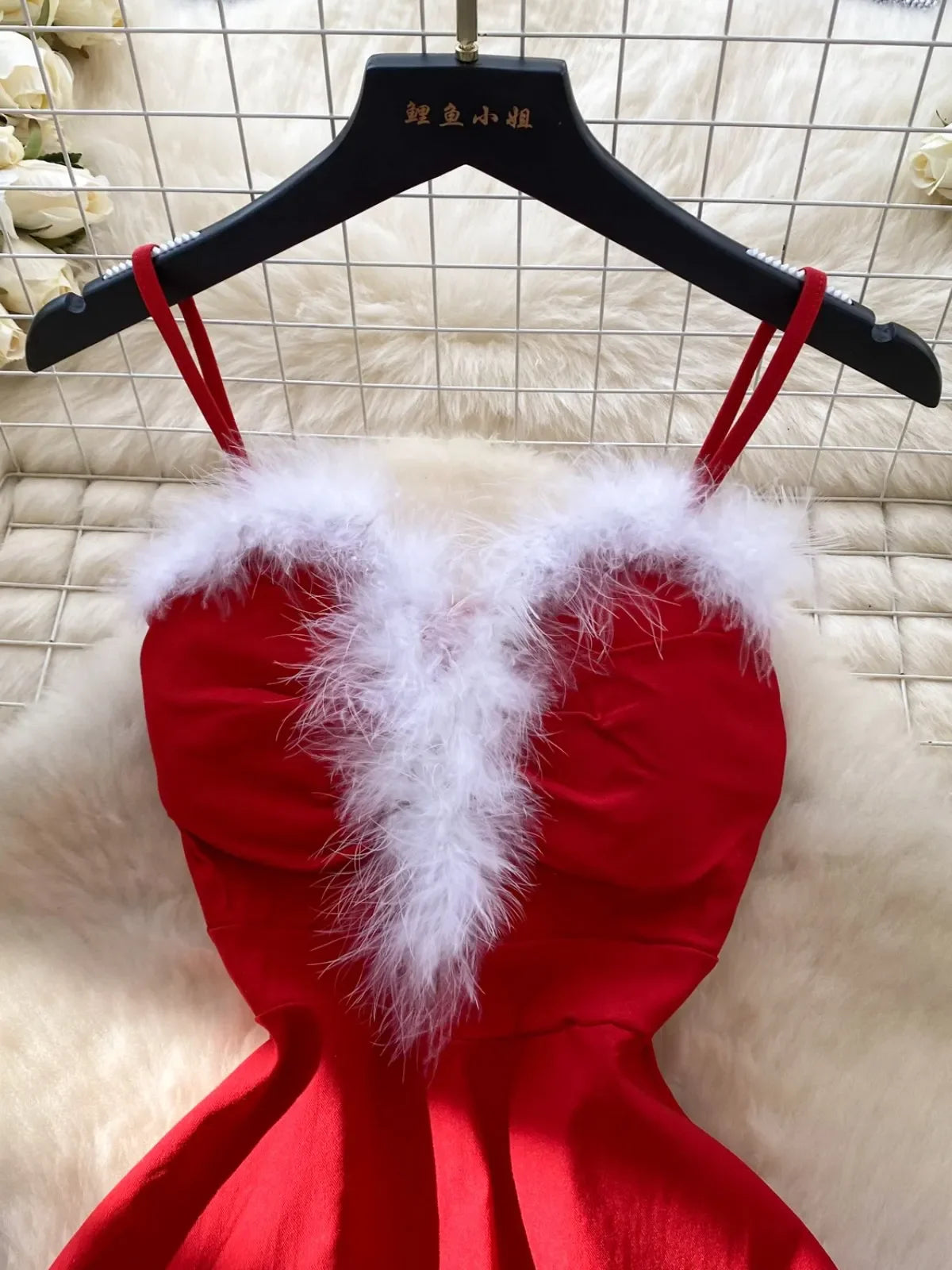 strapless open back dress Neck Ribbon Fluffy Faux Fur Total Lace Tight Santa Cosplay Dress Santa