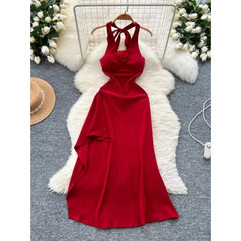 Red Halter Neck Backless Maxi Dress Women