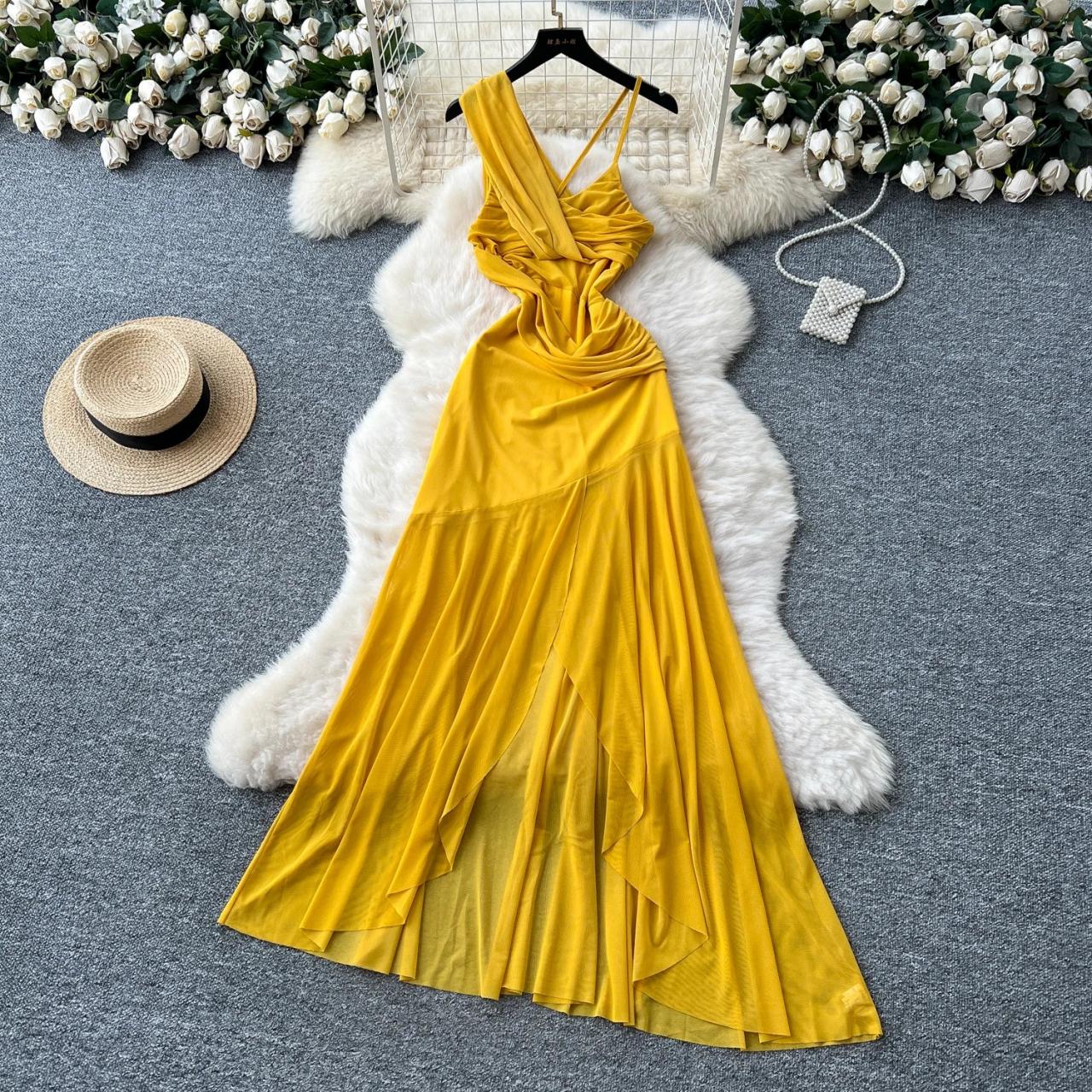 golden asymmetric dress Golden Draped Maxi Dress With Asymmetrical