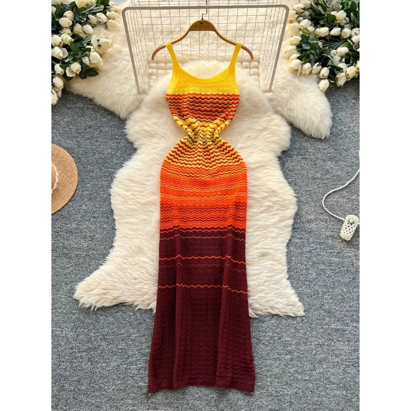 Vibrant Gradient Knit Dress With Adjustable Straps