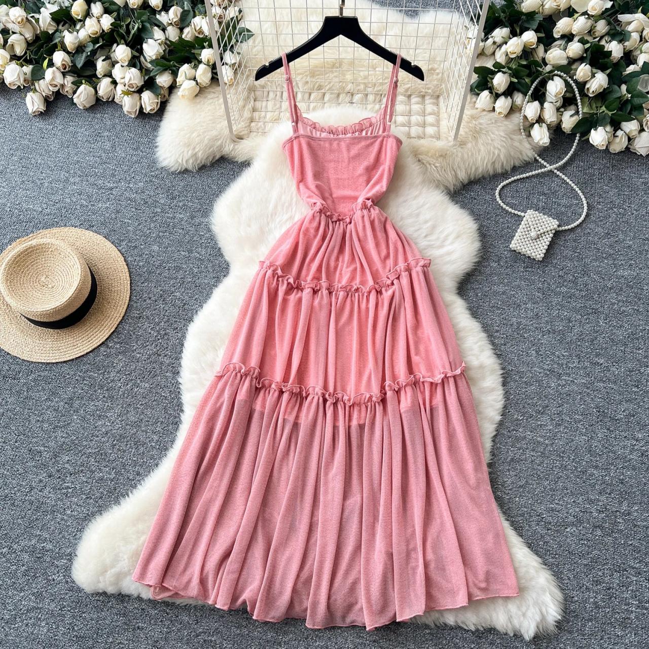 Sleeveless Pink Ruffled Layered Flowy Maxi Dress