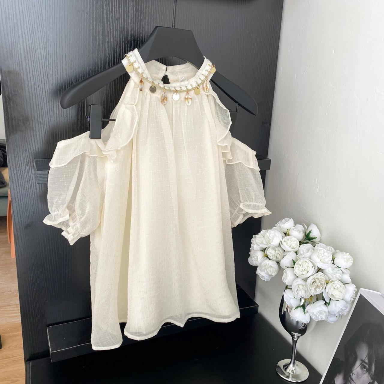 Girls Off-shoulder Dress With Pearl Accents